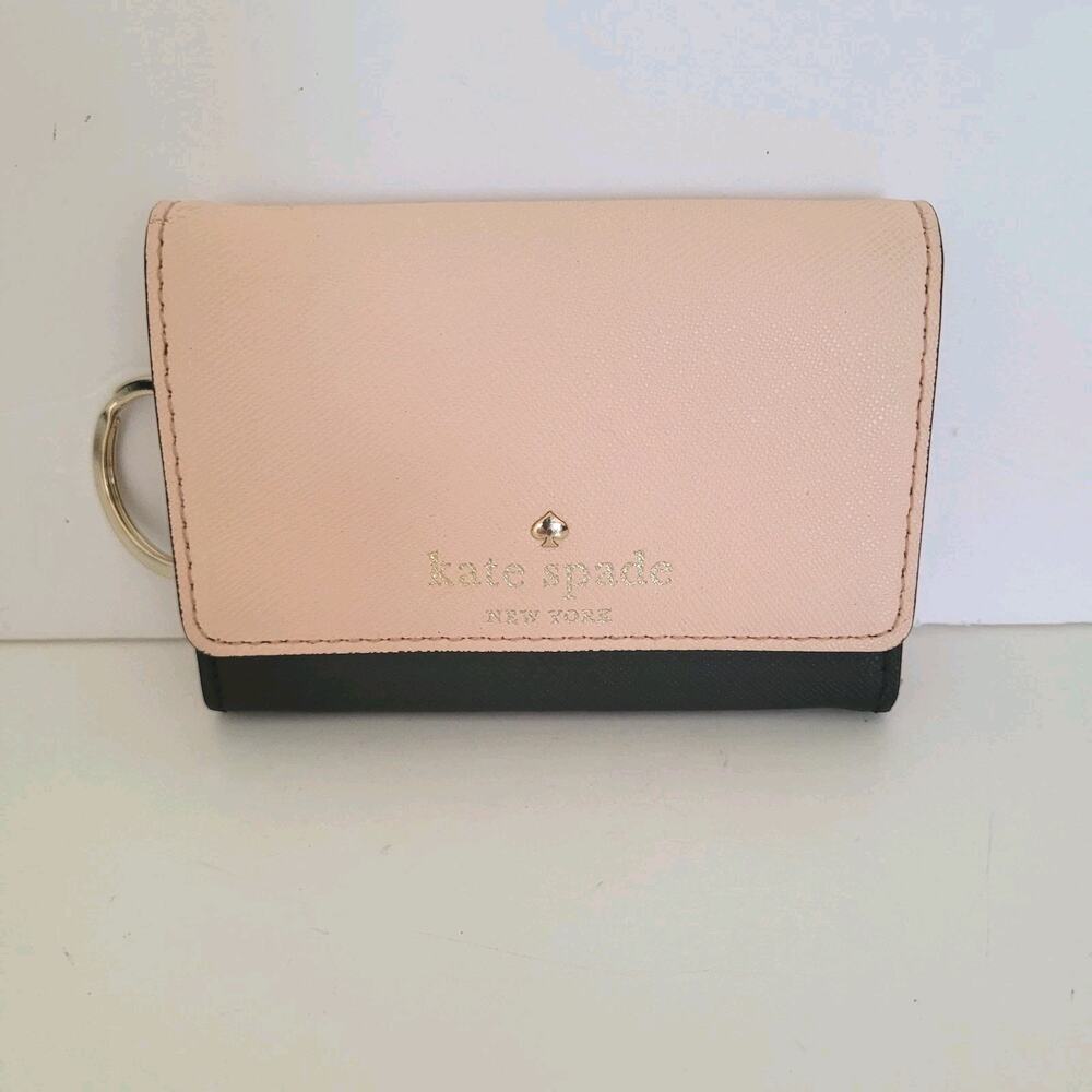 Kate Spade Card Coin ID Ring Wallet Cow Leather Small Compact Light Pink Black